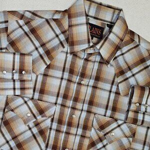 Vintage Plains Western Wear Pearl Snap Shirt Men Small Plaid Metallic Thread LS